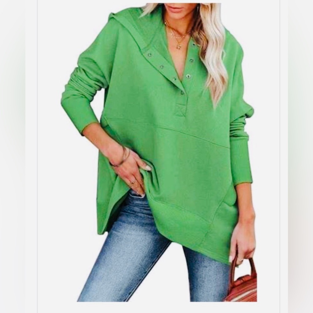MEUFAM Sweatshirt Hoodie Green Cozy Soft Kangaroo Pkt LS Snaps NEW Sz L